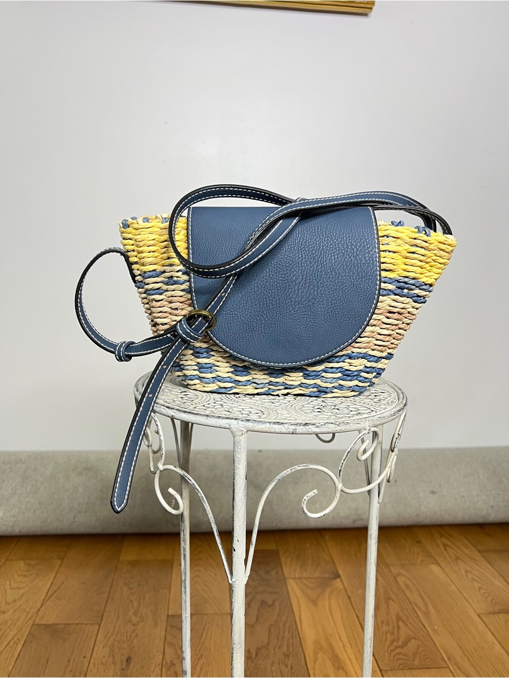 Universal Thread Blue Faux-Leather & Yellow Woven Crossbody Bag